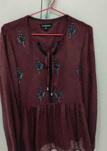 Antheaa burgundy Embroidered Swiss Dot Top - XS