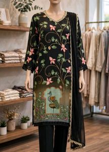 Elegant Black Kurta Set with Peacock Motif