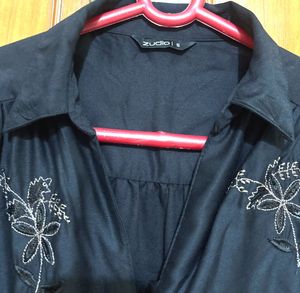 Elegant Black Blouse with Dragonfly Embroidery