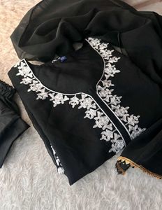 Elegant Black Kurta Set with White Embroidery