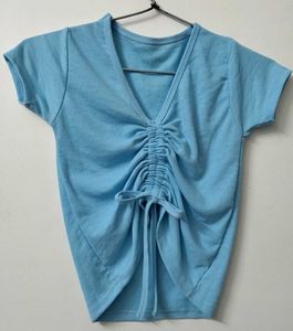 Chic Blue Ruched V-Neck Tee