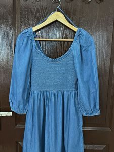 GAP Denim Smocked Midi Dress