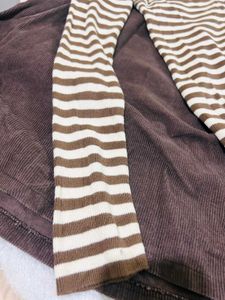 Women's Striped Long Sleeve Top &amp; Brown Overalls