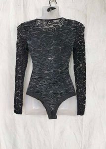 6206. Sheer Black Lace Long Sleeve Bodysuit