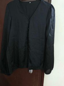 satin Black Button-Up Blouse