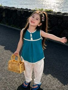 Teal Blue Top &amp; White Pants Set for Girls