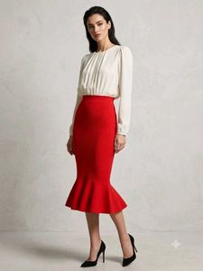 Chic Red & Off-White Long Sleeve Dress