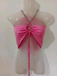 Pink Halter Neck Chain Detail Crop Top