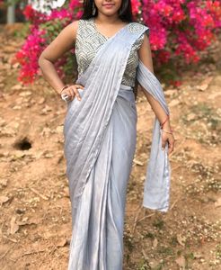 ready to wear Grey Silk Saree with belt