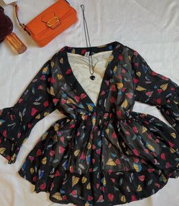Sheer Black Blouse with Colorful Leaf Print