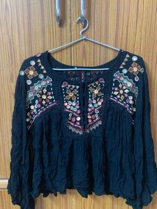 Boho Embroidered Black Blouse