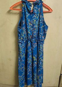 Blue Floral Print Midi Dress with Ruffle Neck