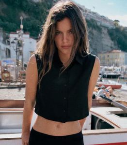 Sleeveless Black Button-Up Shirt