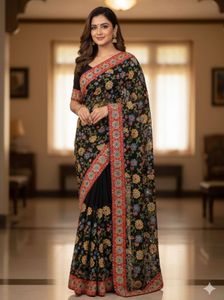 Elegant Black Floral Embroidered Saree