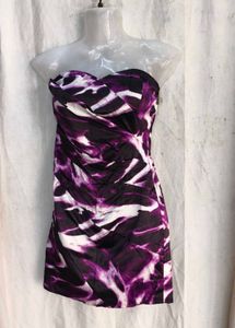 21810. Strapless Purple &amp; White Print Dress