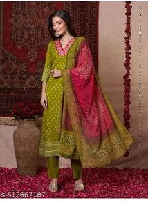 Green Printed Kurta  with Dupatta
