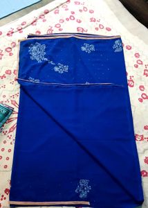 Royal Blue Embroidered Synthetic Saree