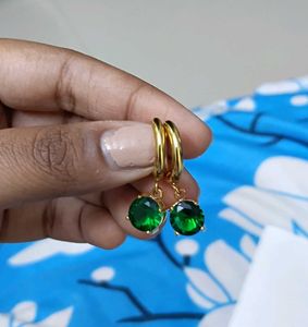 Gold Plated Green Gemstone Hoop Earrings