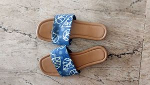 Blue Block Print Flat Sandals