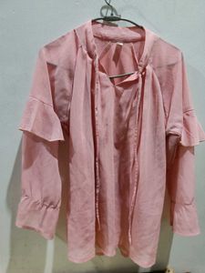 Chic Pink Ruffle Sleeve Tie-Neck Top