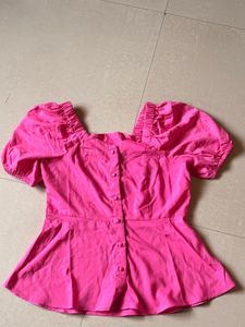 Pink Puff Sleeve Button-Up Top