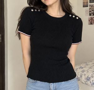 Black Ribbed Knit Top with Button Detail