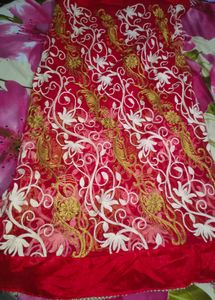 Net embroidery red saree with stitched blouse
