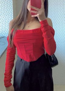 Savana Red Corset Style Long Sleeve Top