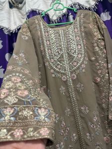 Pakistani beige Embroidered Kurta Set with Dupatta