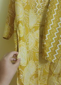 Yellow Floral Kurta Set with Embellished Neckline