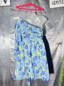 Blue Floral One-Shoulder Midi Dress