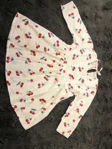 Cute Cherry Print Long Sleeve Pure Cotton Dress