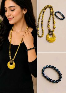 New stylish Yellow Beaded Long Pendant Necklace wi
