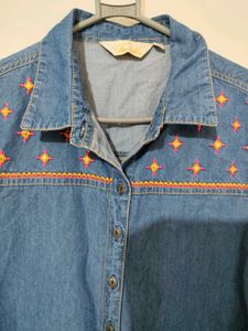 Denim Midi Dress with Embroidery