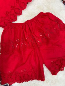 Chic Red Eyelet Crop Top &amp; Shorts Set