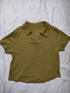 Olive Green Collared V-Neck Top