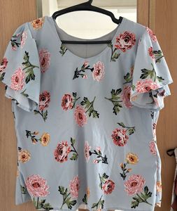 Light Blue Floral Flutter Sleeve Top