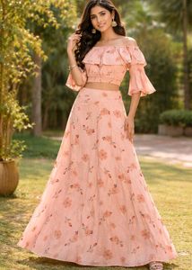 Peach Floral Off-Shoulder Crop Top & Maxi Skirt