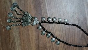Ethnic Silver Tone Necklace with Black Beads