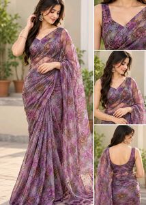 Purple Floral Net Saree with Unstitched Blouse