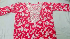 Pink Floral short Kurta with White Embroidery