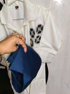 Elegant White Kurta with Blue Embellishments
