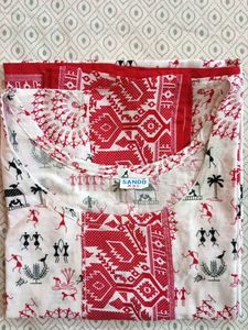 White Kurta with Red Ethnic Print