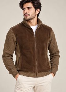 Brown Corduroy & Knit Zip-Up Jacket