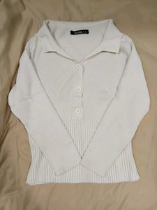 White Ribbed Collared Top with Buttons