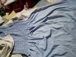 Light Blue Smocked Dress with Striped Overlay