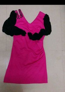Vibrant Pink Dress with Black Embellished Sleeves