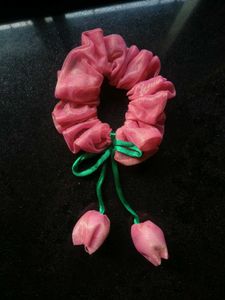 handmade XXL Cute Pink Scrunchie with Tulip Charms