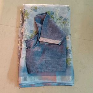 Light Blue Floral Print Saree
