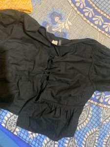 Black Tie-Front Peasant Top